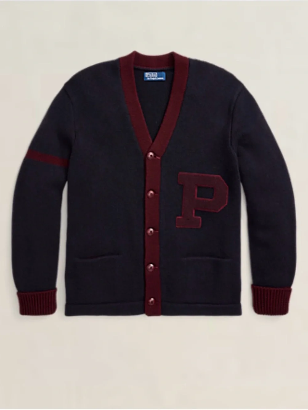 Polo by Ralph Lauren Navy Cardigan with Burgundy Trim and 'P' Patch